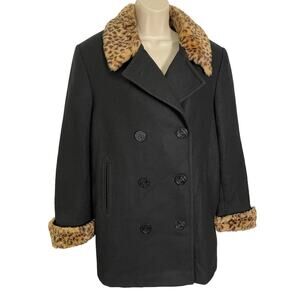 Wool Peacoat, Black with Leopard Trim, Style and warmth! Ladies Large